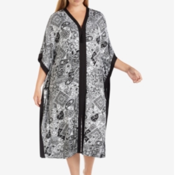 Ellen Tracy Plus Size Wide-Sleeve Printed Caftan - White Grid - Picture 3 of 5
